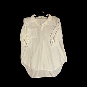 Women's Lg: Side Stitch Los Angeles: White tunic blouse: Pocket roll tab sleeves